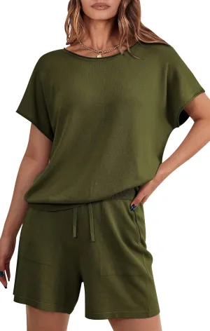 PRETTYGARDEN Two Piece Set For Women Summer Lounge Sets Shorts And Short Sleeve Tops Knitted Matching Travel Spring Outfits