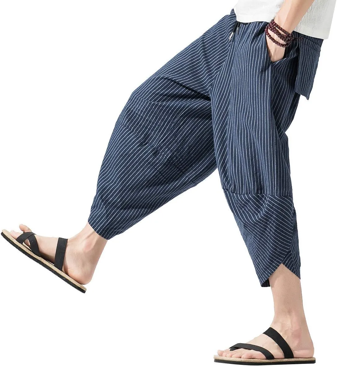 PRIJOUHE Men's Harem Capri Pants, Wide Leg Mens Capris, Summer Linen Pants