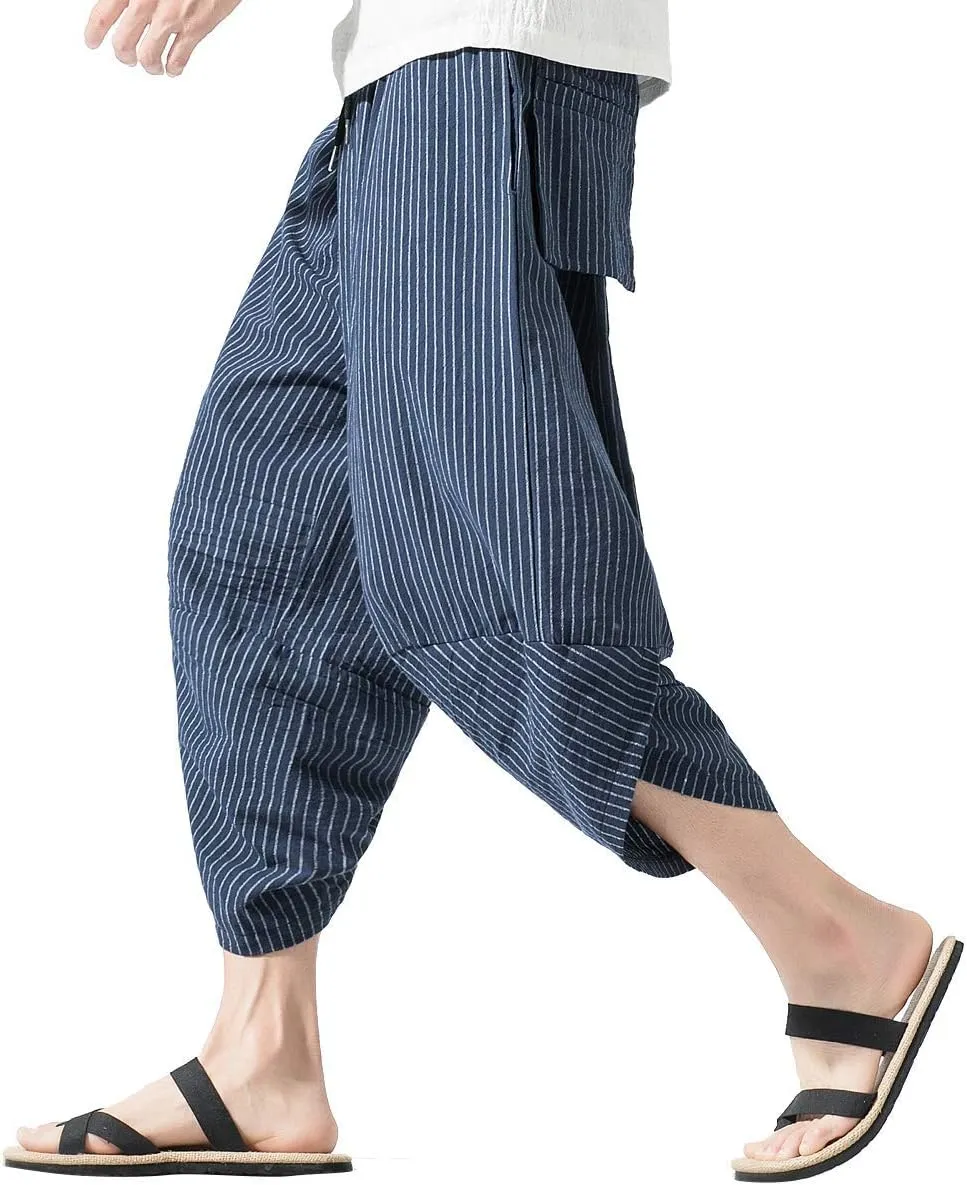 PRIJOUHE Men's Harem Capri Pants, Wide Leg Mens Capris, Summer Linen Pants