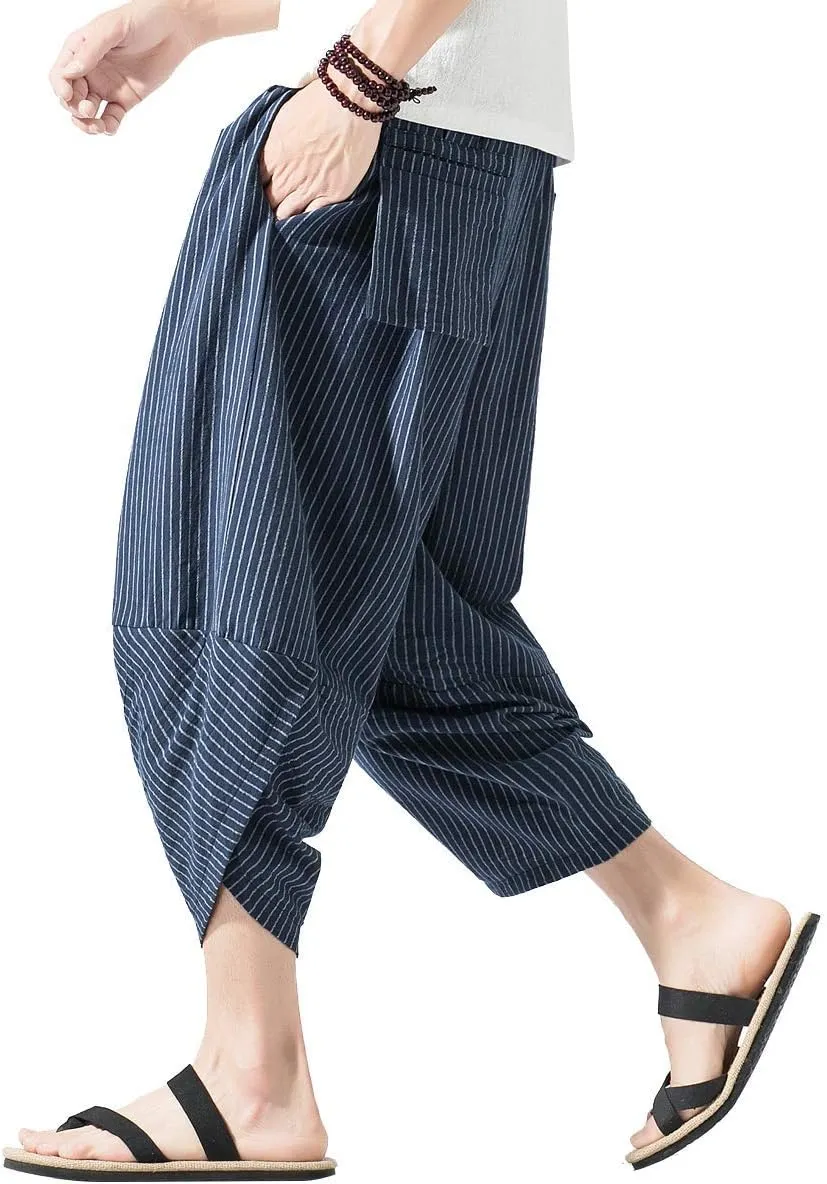 PRIJOUHE Men's Harem Capri Pants, Wide Leg Mens Capris, Summer Linen Pants