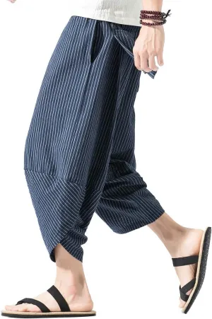 PRIJOUHE Men's Harem Capri Pants, Wide Leg Mens Capris, Summer Linen Pants