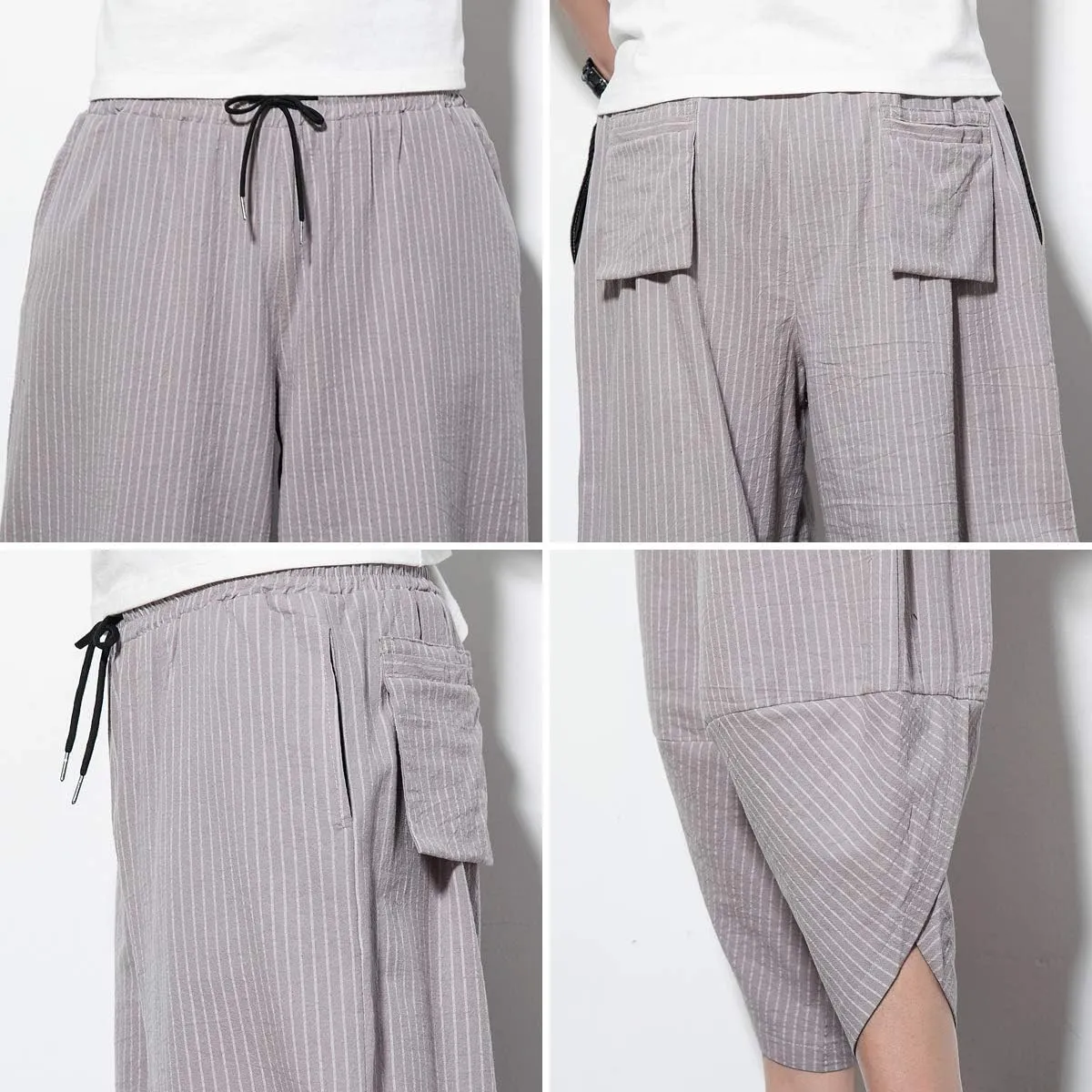 PRIJOUHE Men's Harem Capri Pants, Wide Leg Mens Capris, Summer Linen Pants