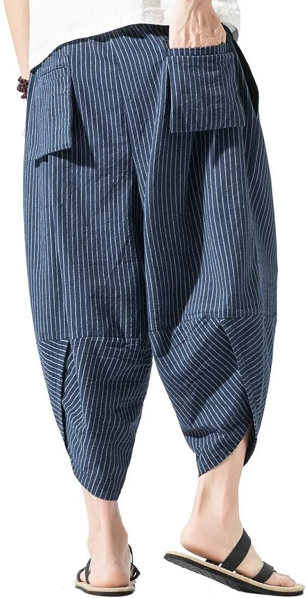 PRIJOUHE Men's Harem Capri Pants, Wide Leg Mens Capris, Summer Linen Pants