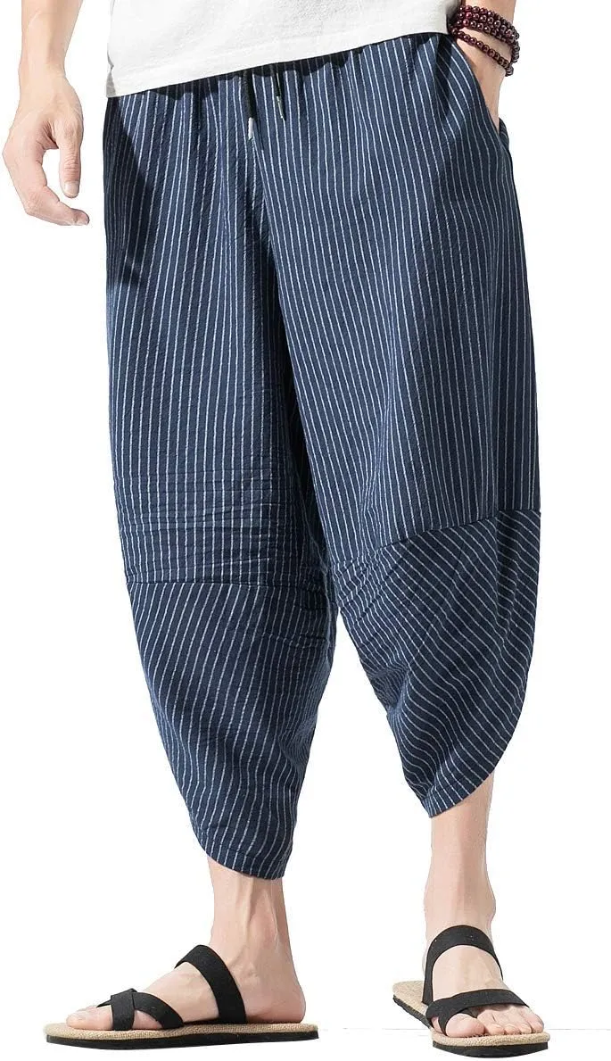PRIJOUHE Men's Harem Capri Pants, Wide Leg Mens Capris, Summer Linen Pants