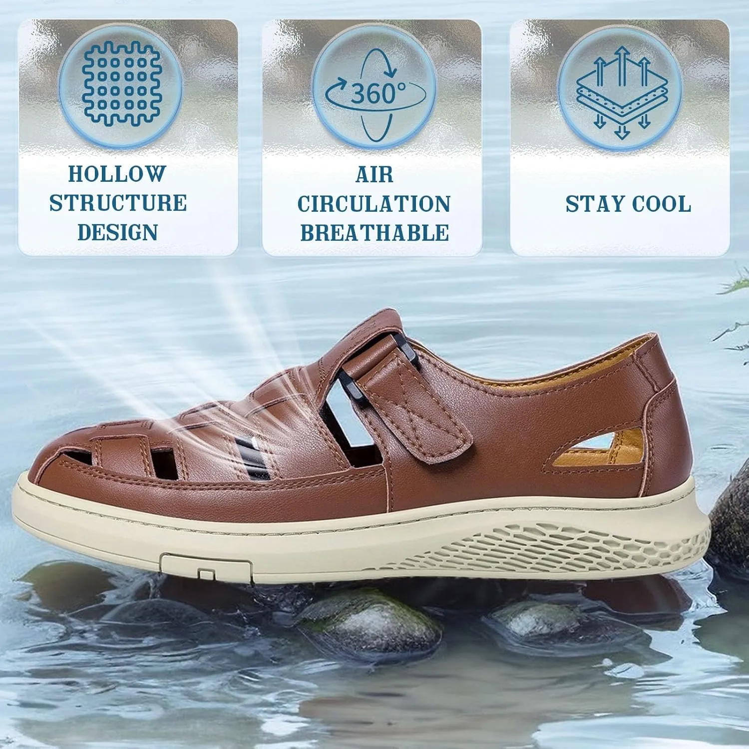 Qiucdzi Men's Sport Sandals Leather Closed Toe Sandal Breathable Outdoor Fisherman Shoes Adjustable Summer Beach Shoes for Hiking Walking
