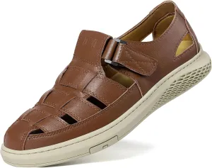 Qiucdzi Men's Sport Sandals Leather Closed Toe Sandal Breathable Outdoor Fisherman Shoes Adjustable Summer Beach Shoes for Hiking Walking