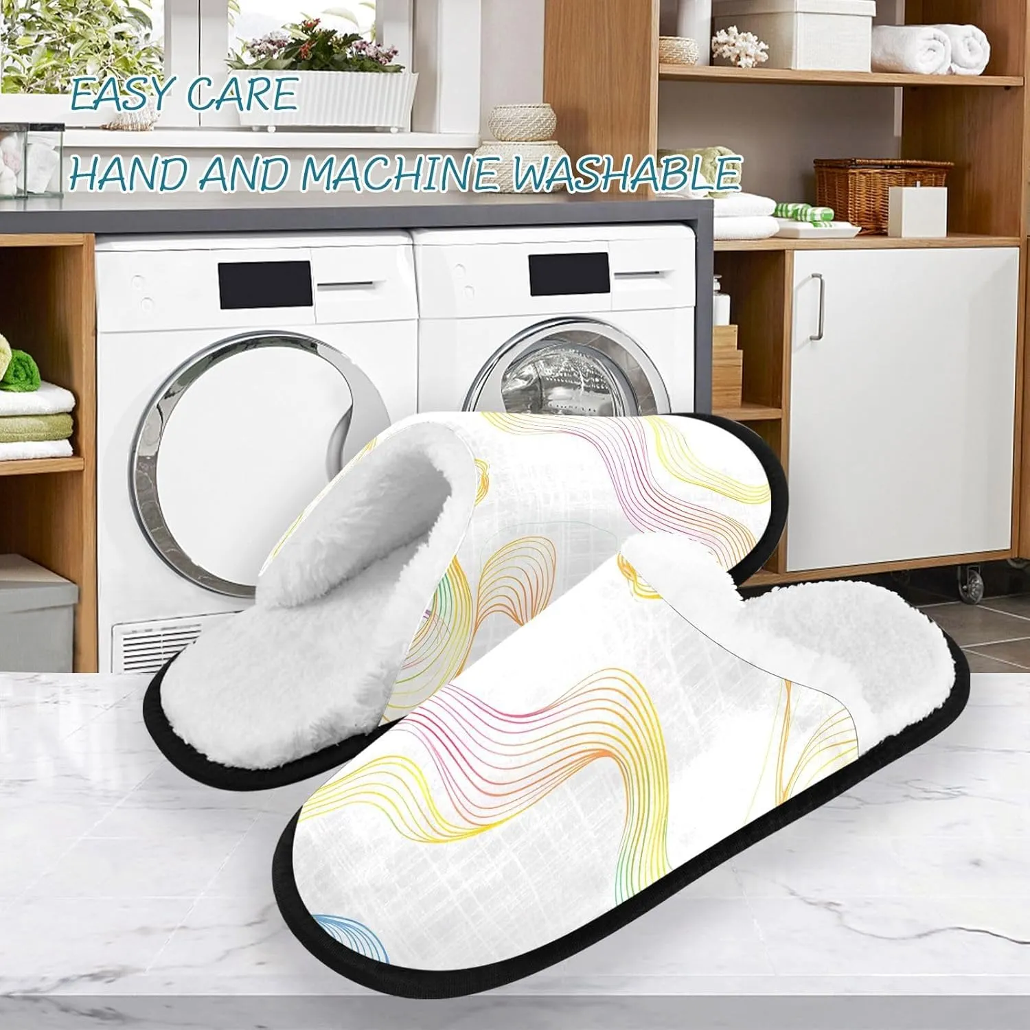 Rainbow Color Wave Stripe Plush Slippers for Women Men Warm Comfortable Travel Spa Slipper Non-slip House Shoes
