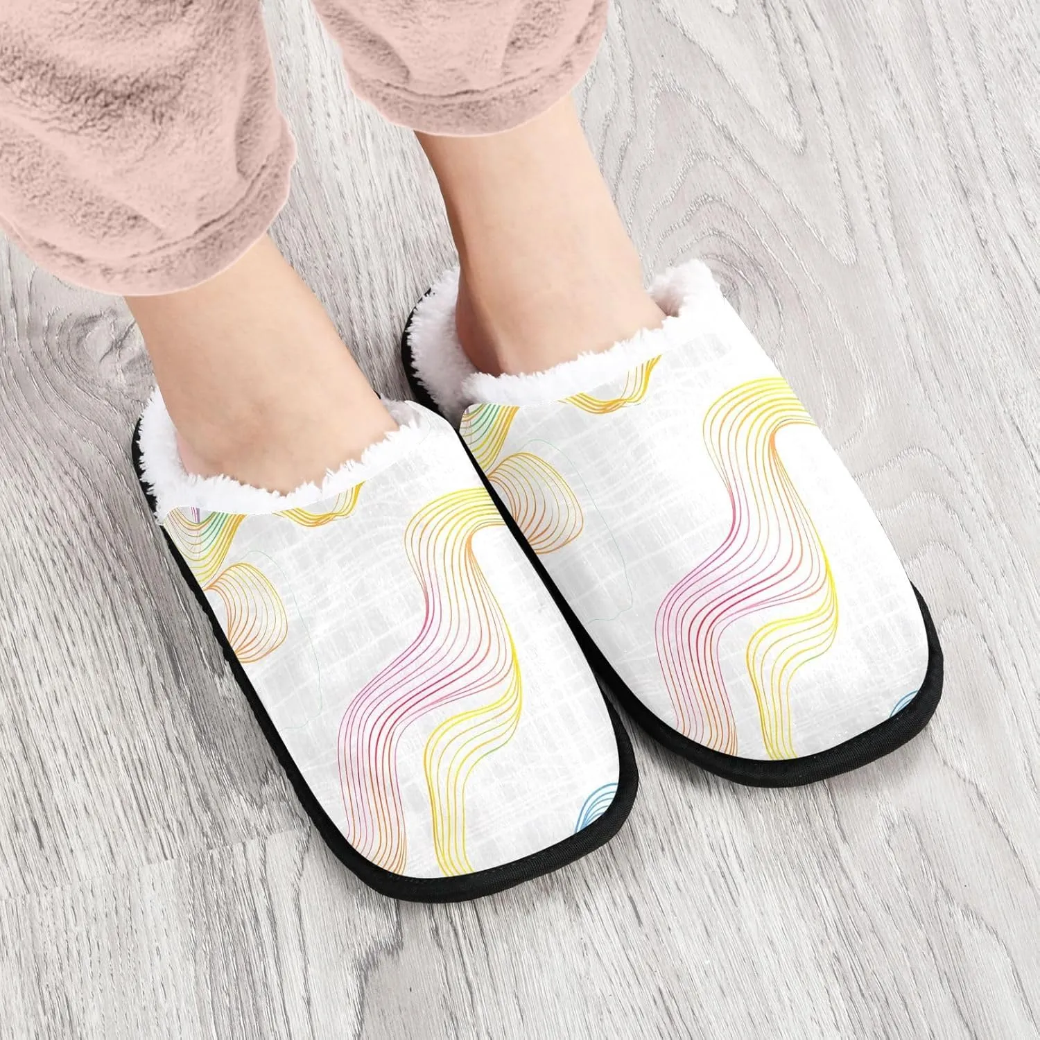 Rainbow Color Wave Stripe Plush Slippers for Women Men Warm Comfortable Travel Spa Slipper Non-slip House Shoes