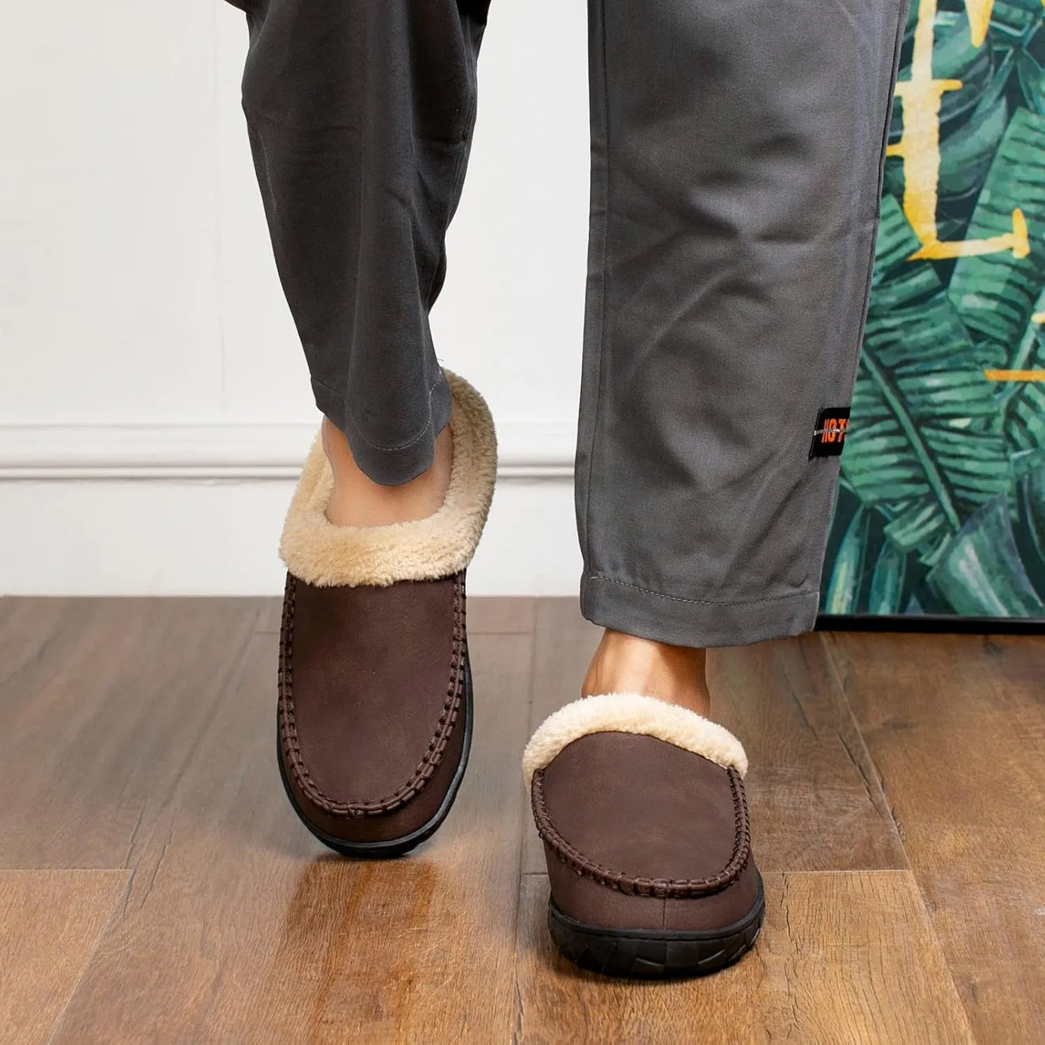 Ranberone Men's Slippers Microsuede Upper Moccasin House Shoes with Fuzzy Plush Lining Indoor and Outdoor