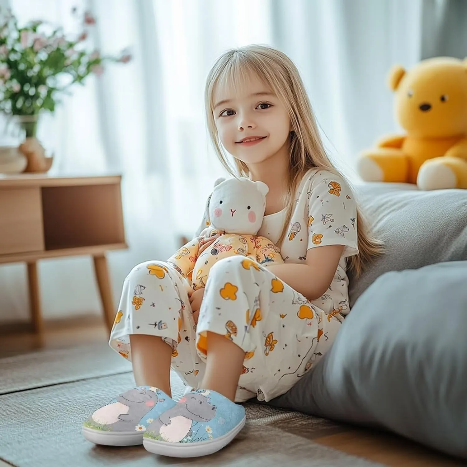 Room Slippers Winter Breathable Warm Slippers for Boys Girls Casual Lightweight Fluffy Slides for Garden Size 9-15 White Sole