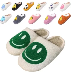 rosyclo Smile Face Slippers, Women's Retro Soft Cute Indoor Outdoor Happy Face Shoes, Cozy Trendy Plush Comfy Warm Fluffy Slip-on Home Slipper for Women Men