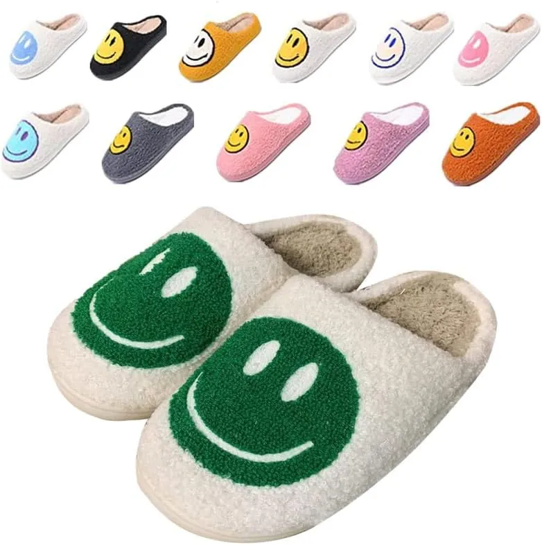 rosyclo Smile Face Slippers, Women's Retro Soft Cute Indoor Outdoor Happy Face Shoes, Cozy Trendy Plush Comfy Warm Fluffy Slip-on Home Slipper for Women Men