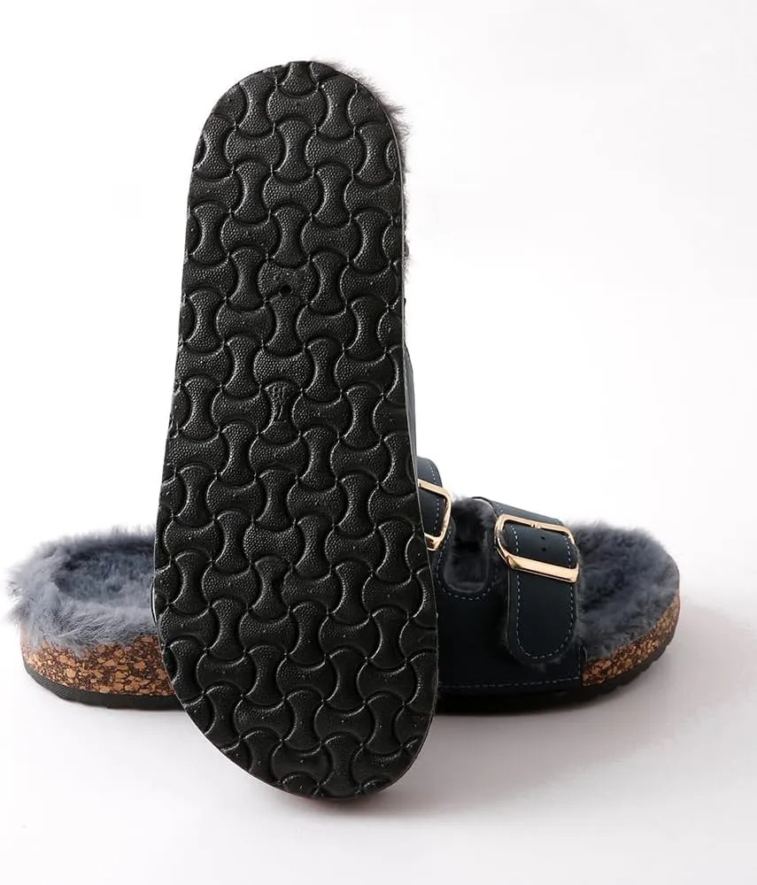 Roxoni Women's Open Toe Feather Slipper with Adjustable Double Buckle Cozy Cork Slide Sandal