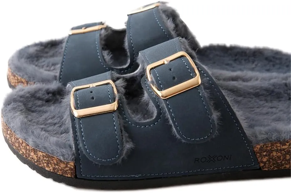 Roxoni Women's Open Toe Feather Slipper with Adjustable Double Buckle Cozy Cork Slide Sandal