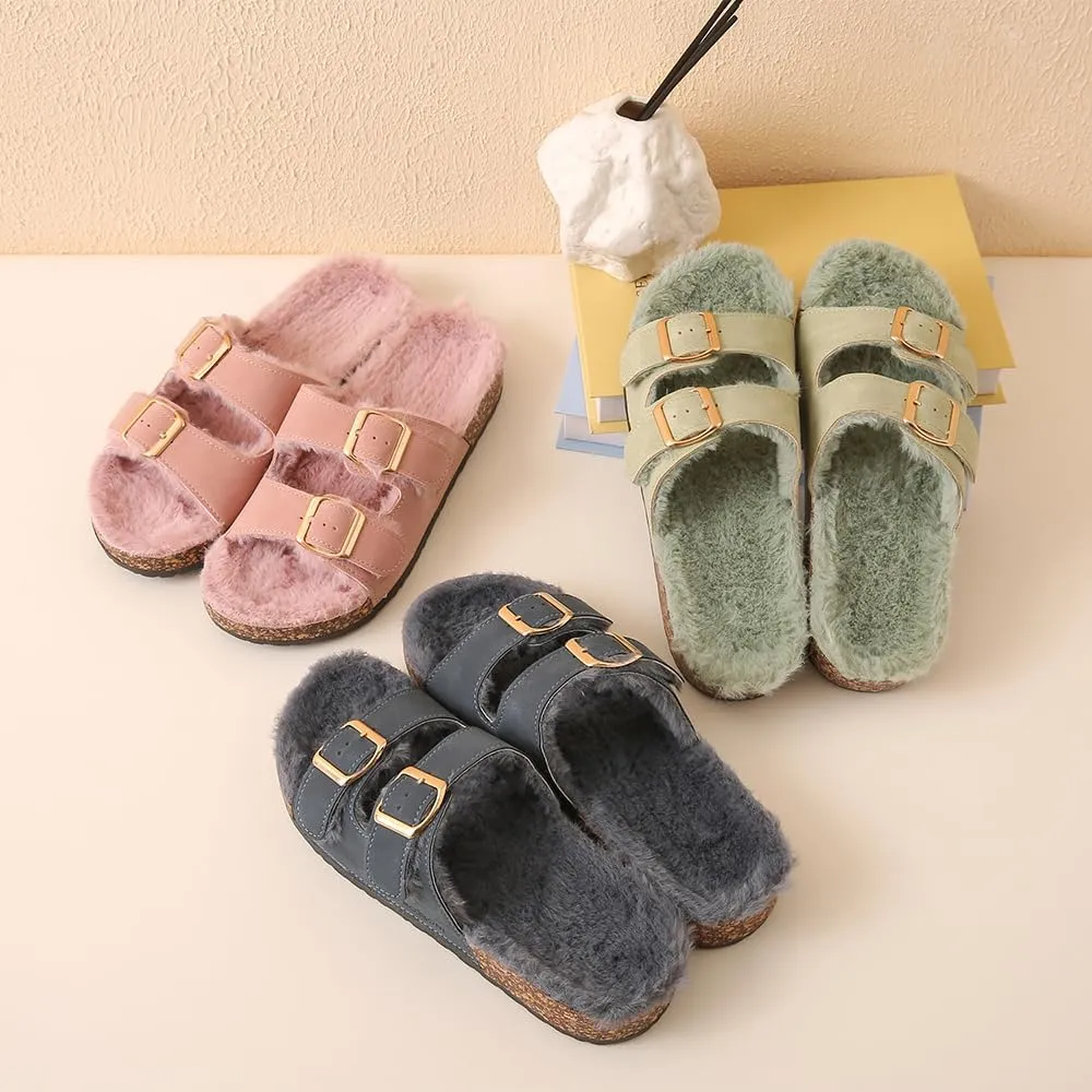 Roxoni Women's Open Toe Feather Slipper with Adjustable Double Buckle Cozy Cork Slide Sandal