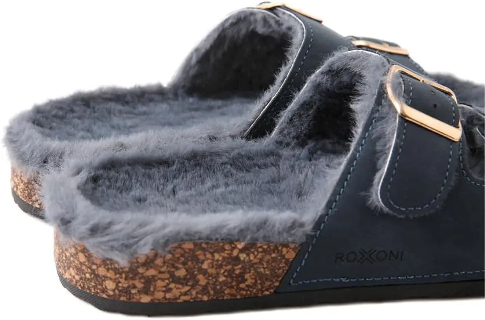 Roxoni Women's Open Toe Feather Slipper with Adjustable Double Buckle Cozy Cork Slide Sandal