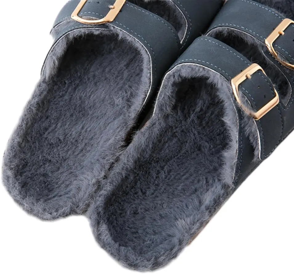 Roxoni Women's Open Toe Feather Slipper with Adjustable Double Buckle Cozy Cork Slide Sandal