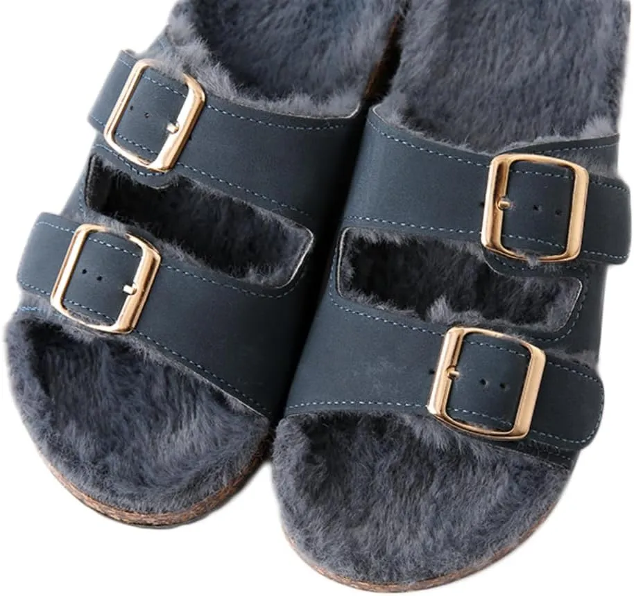 Roxoni Women's Open Toe Feather Slipper with Adjustable Double Buckle Cozy Cork Slide Sandal