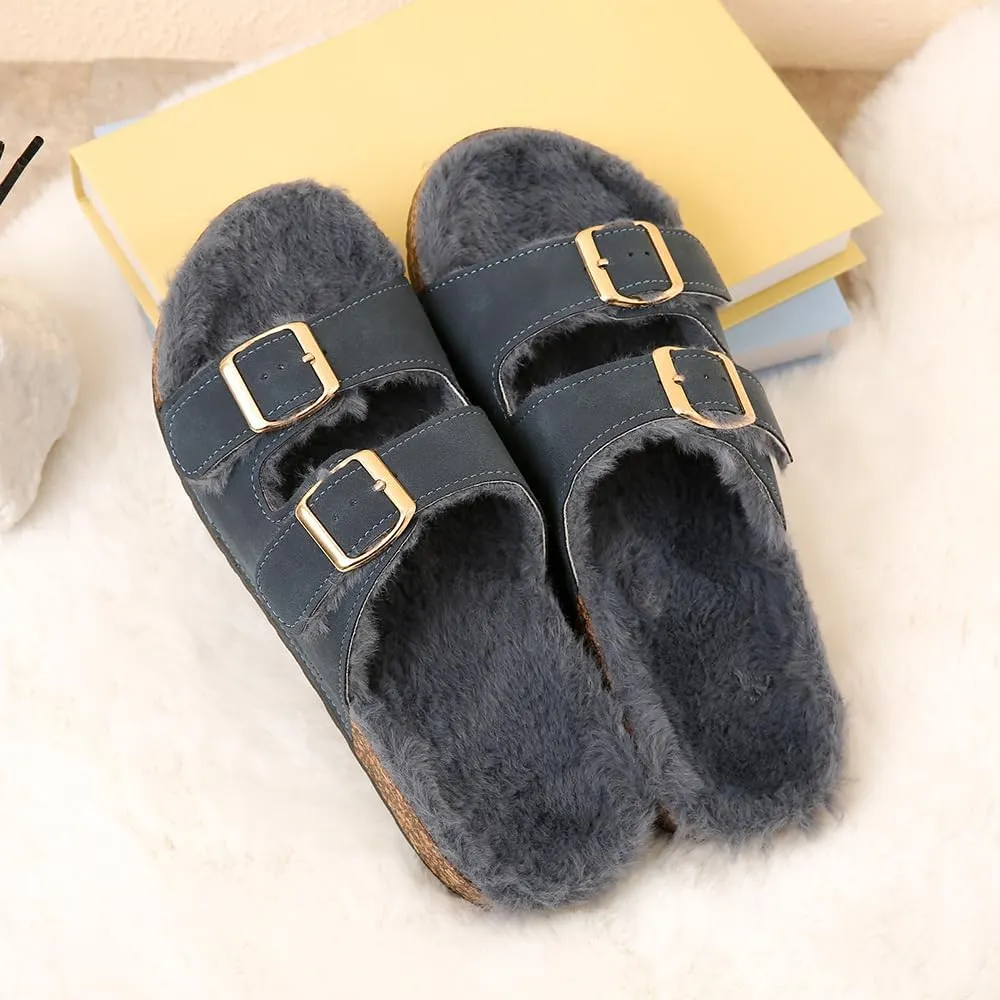 Roxoni Women's Open Toe Feather Slipper with Adjustable Double Buckle Cozy Cork Slide Sandal