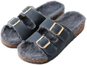 Roxoni Women's Open Toe Feather Slipper with Adjustable Double Buckle Cozy Cork Slide Sandal