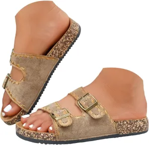 Sandals For Women 2025 Dressy 2 Buckle Flat Sandal Suede Cork Footbed Slip On Platform Slippers With Arch Support