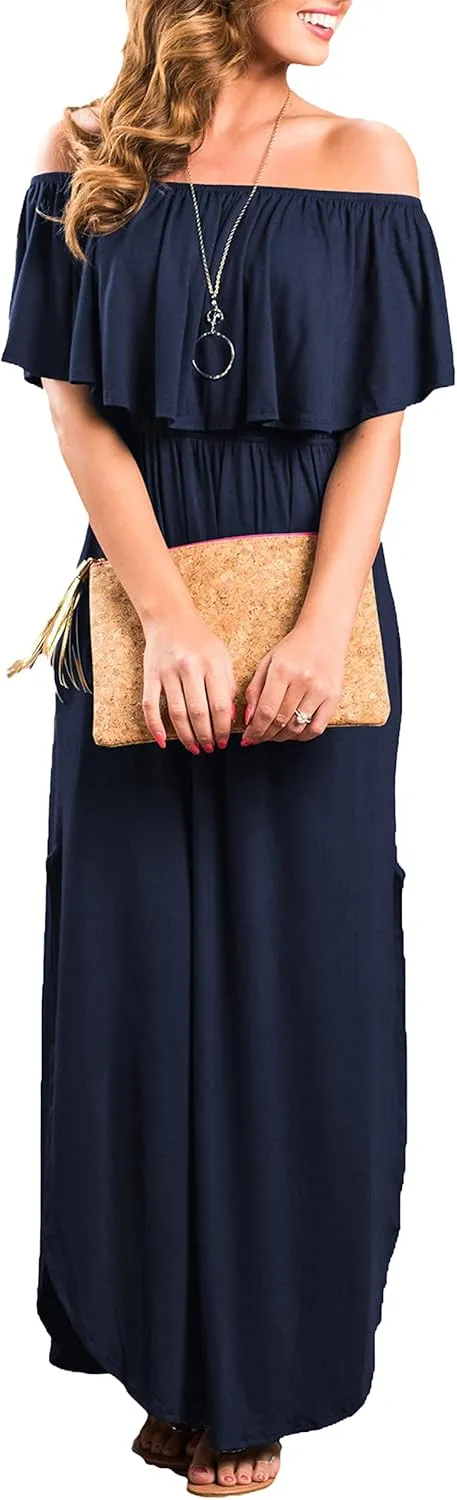 Sarin Mathews Womens Off The Shoulder Ruffle Party Dress Casual Side Split Beach Long Maxi Dresses with Pockets