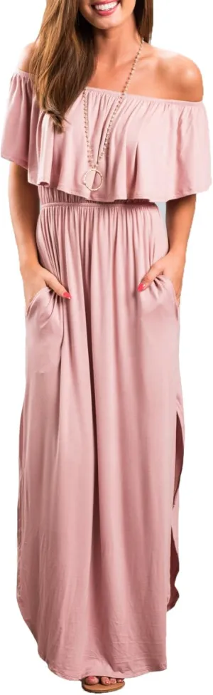 Sarin Mathews Womens Off The Shoulder Ruffle Party Dress Casual Side Split Beach Long Maxi Dresses with Pockets