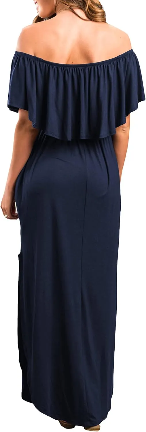 Sarin Mathews Womens Off The Shoulder Ruffle Party Dress Casual Side Split Beach Long Maxi Dresses with Pockets