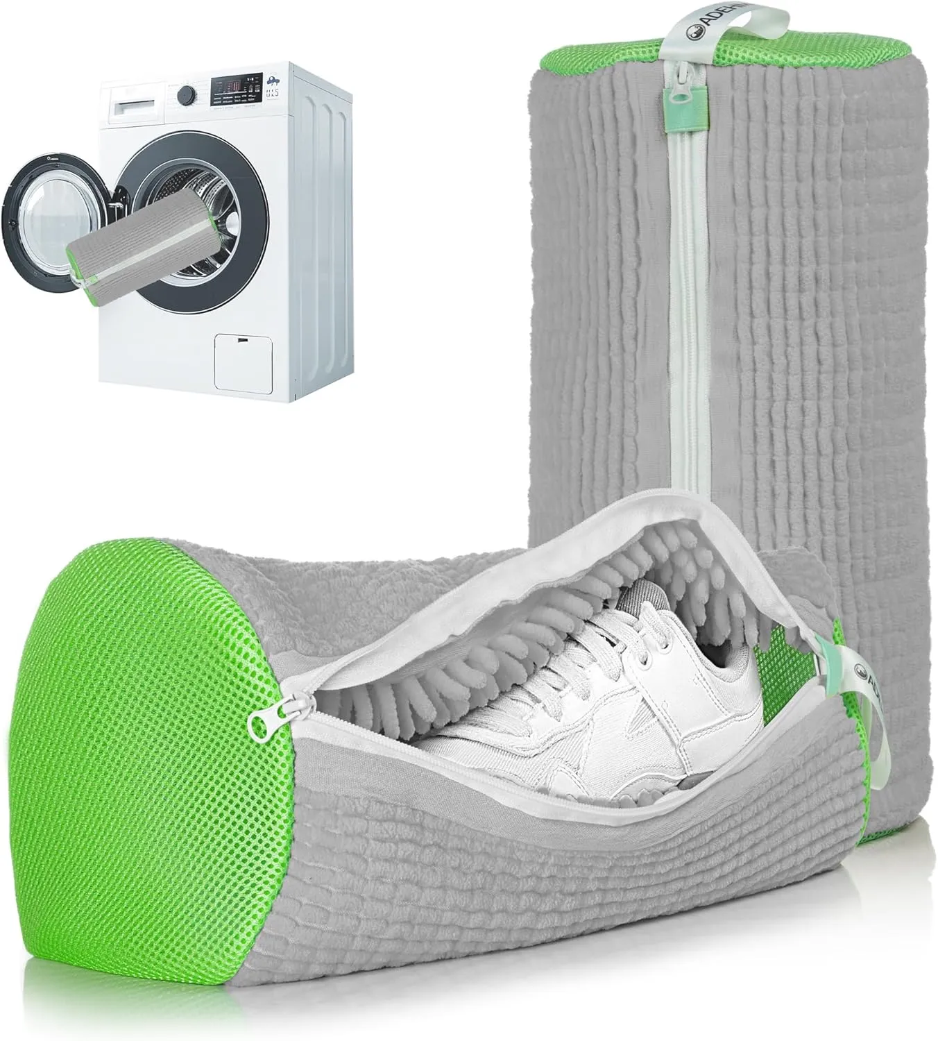 Shoe Washing Machine Bag, Washing Machine Shoe Bag, Washer and Dryer Shoe Cleaning Bags, Extra Long and Thick Microfibre Fluff, Suitable for Multiple Grey and Green Shoes (2pcs, Greyish Green)