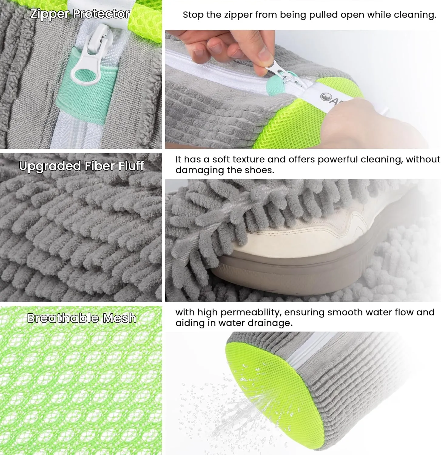 Shoe Washing Machine Bag, Washing Machine Shoe Bag, Washer and Dryer Shoe Cleaning Bags, Extra Long and Thick Microfibre Fluff, Suitable for Multiple Grey and Green Shoes (2pcs, Greyish Green)