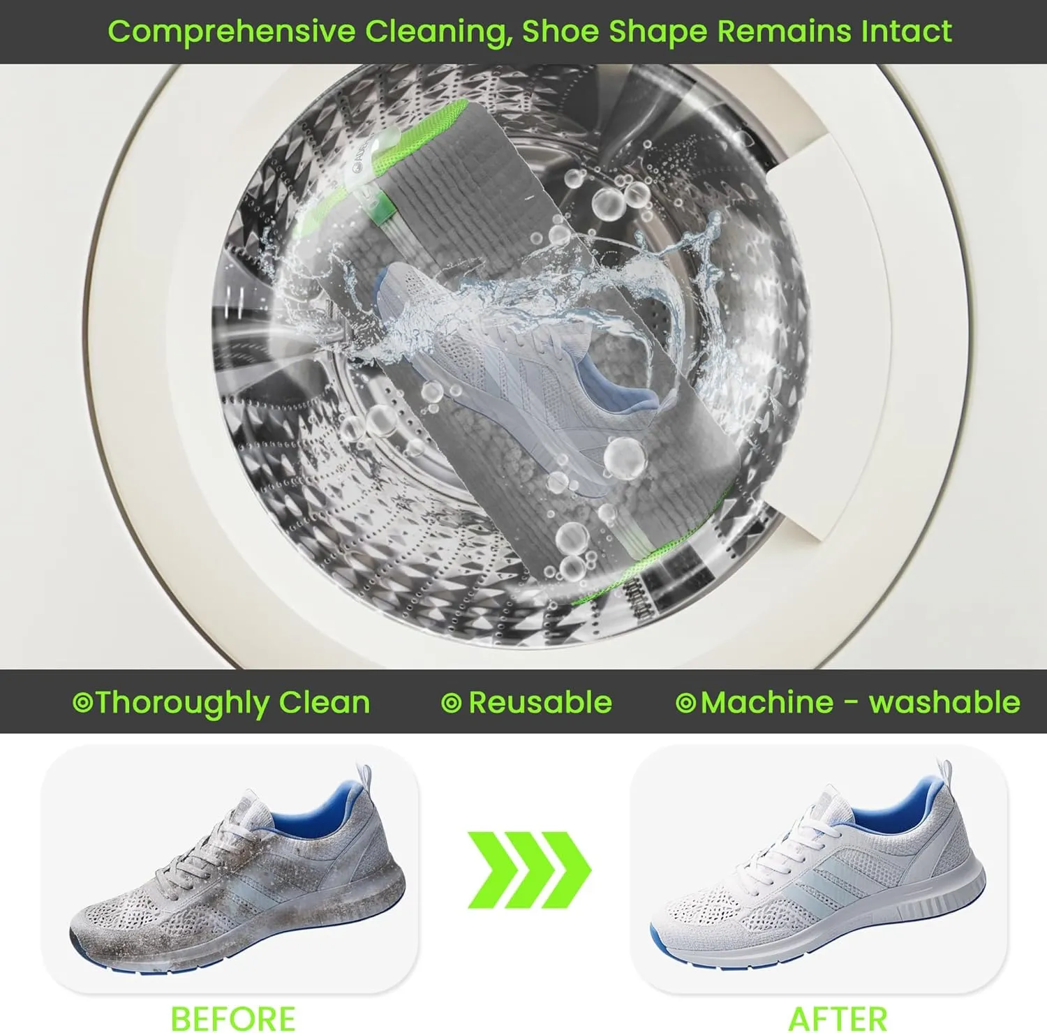 Shoe Washing Machine Bag, Washing Machine Shoe Bag, Washer and Dryer Shoe Cleaning Bags, Extra Long and Thick Microfibre Fluff, Suitable for Multiple Grey and Green Shoes (2pcs, Greyish Green)