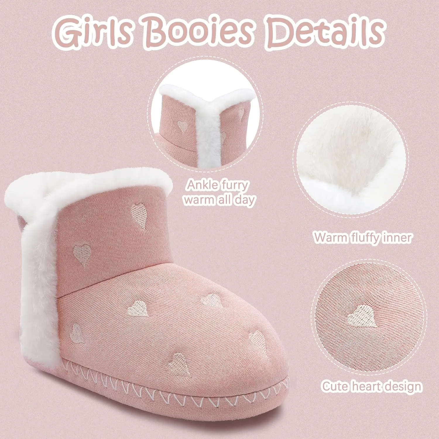 shoeslocker Girls Cute Bootie Slippers, Winter Warm Plush Memory Foam Booties House Shoes for Girls
