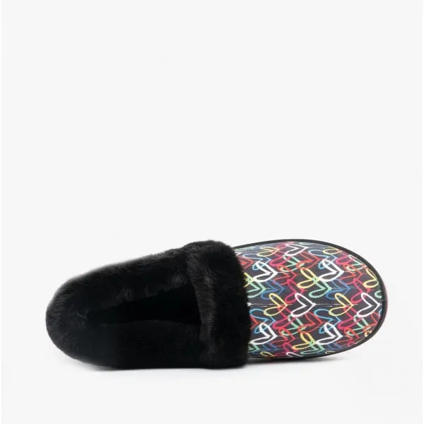 Skechers 113610/BKMT JAMES GOLDCROWN TOO COZY Womens Full Slippers Black/Multi Hearts/Stripes