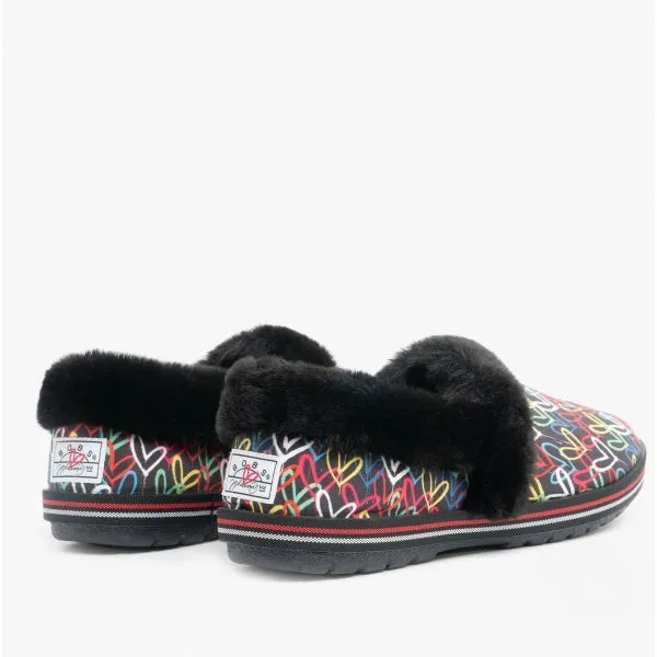 Skechers 113610/BKMT JAMES GOLDCROWN TOO COZY Womens Full Slippers Black/Multi Hearts/Stripes