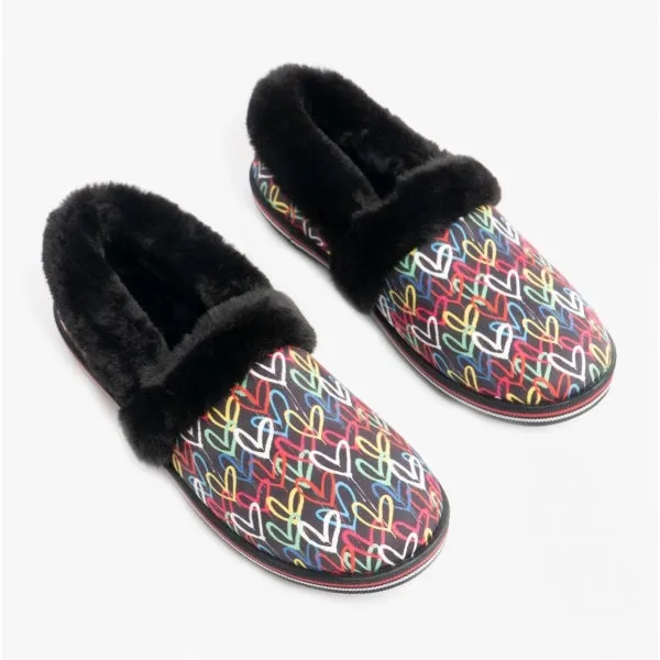 Skechers 113610/BKMT JAMES GOLDCROWN TOO COZY Womens Full Slippers Black/Multi Hearts/Stripes