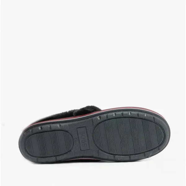 Skechers 113610/BKMT JAMES GOLDCROWN TOO COZY Womens Full Slippers Black/Multi Hearts/Stripes