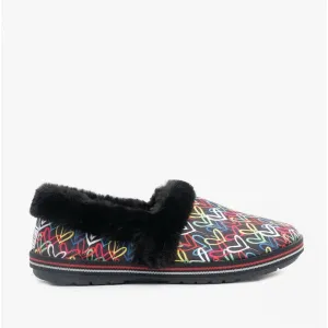 Skechers 113610/BKMT JAMES GOLDCROWN TOO COZY Womens Full Slippers Black/Multi Hearts/Stripes