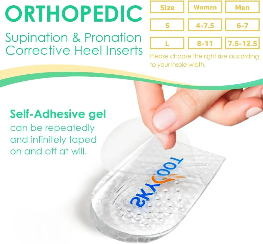 Skyfoot 2 Pairs Heel Wedges for Over Supination & Over Pronation, Re-Usable Adhesive Medial & Lateral Corrective Heel Inserts for Foot Alignment, Bow Legs (Clear, Large: Women 8-11 | Men 7.5-12.5)