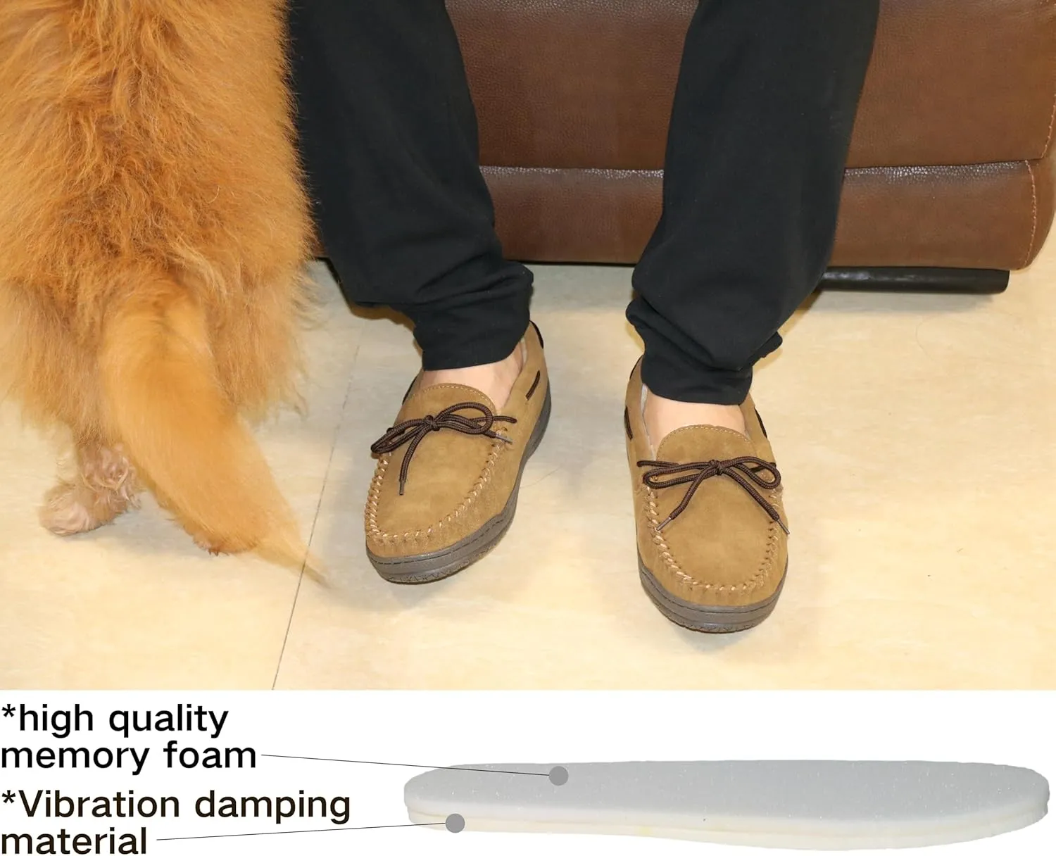 Slippers for Men’s House Shoes Moccasin with Genuine suede Upper Flanel Lining Comfortable Memory Foam Rubber Soles Indoor Outdoor