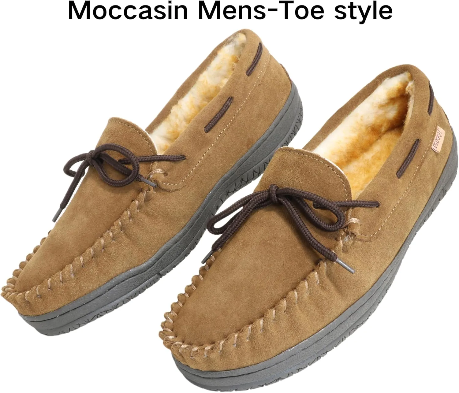 Slippers for Men’s House Shoes Moccasin with Genuine suede Upper Flanel Lining Comfortable Memory Foam Rubber Soles Indoor Outdoor
