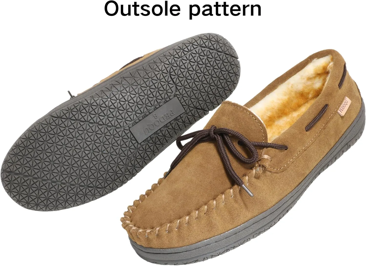 Slippers for Men’s House Shoes Moccasin with Genuine suede Upper Flanel Lining Comfortable Memory Foam Rubber Soles Indoor Outdoor