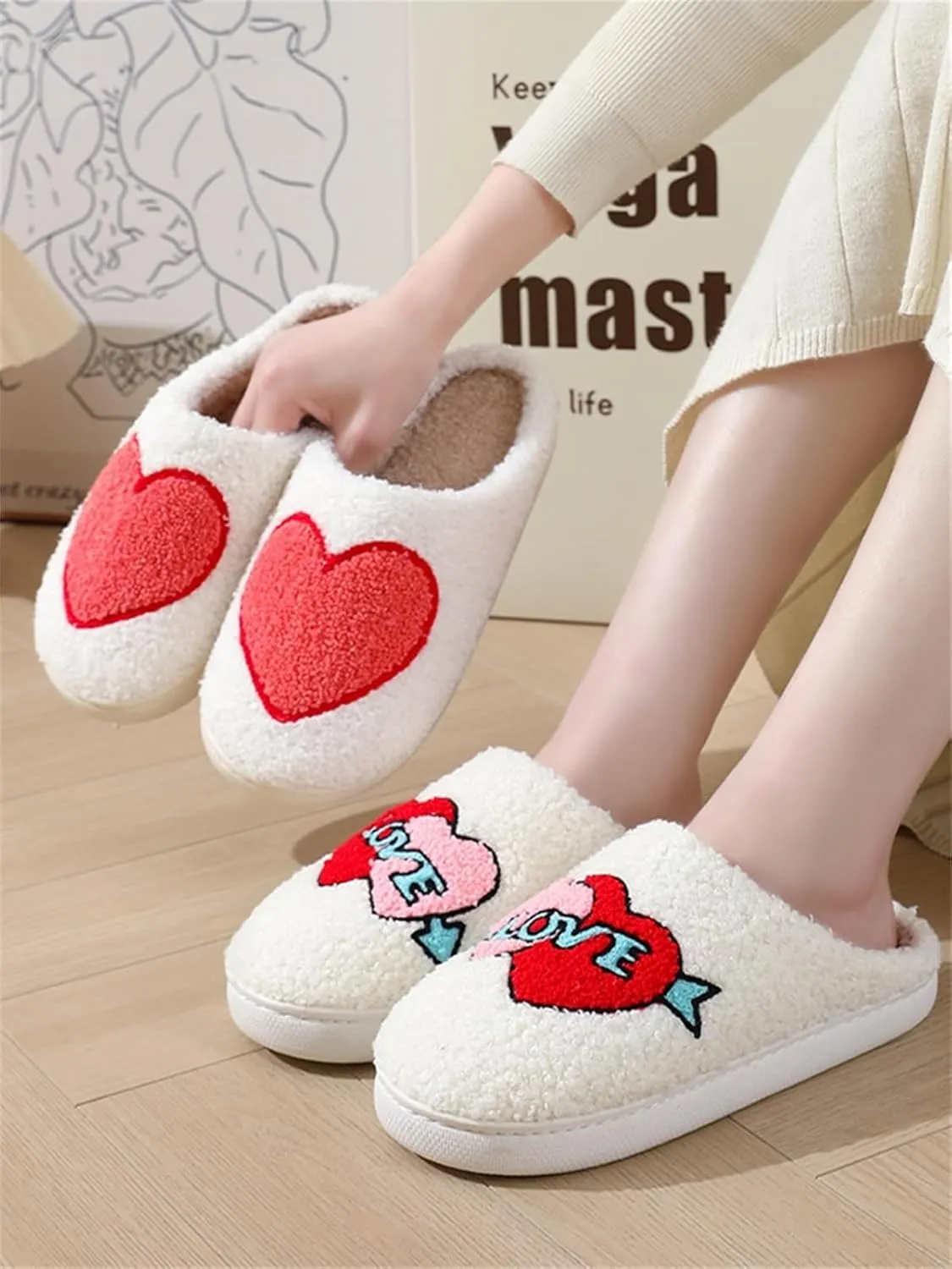 Slippers Women Fuzzy Valentines House Rose Heart Bedroom Platform Fleece Slipper Indoor Couple Warm Cozy Winter Home Non Slip Wool Lined Shoes