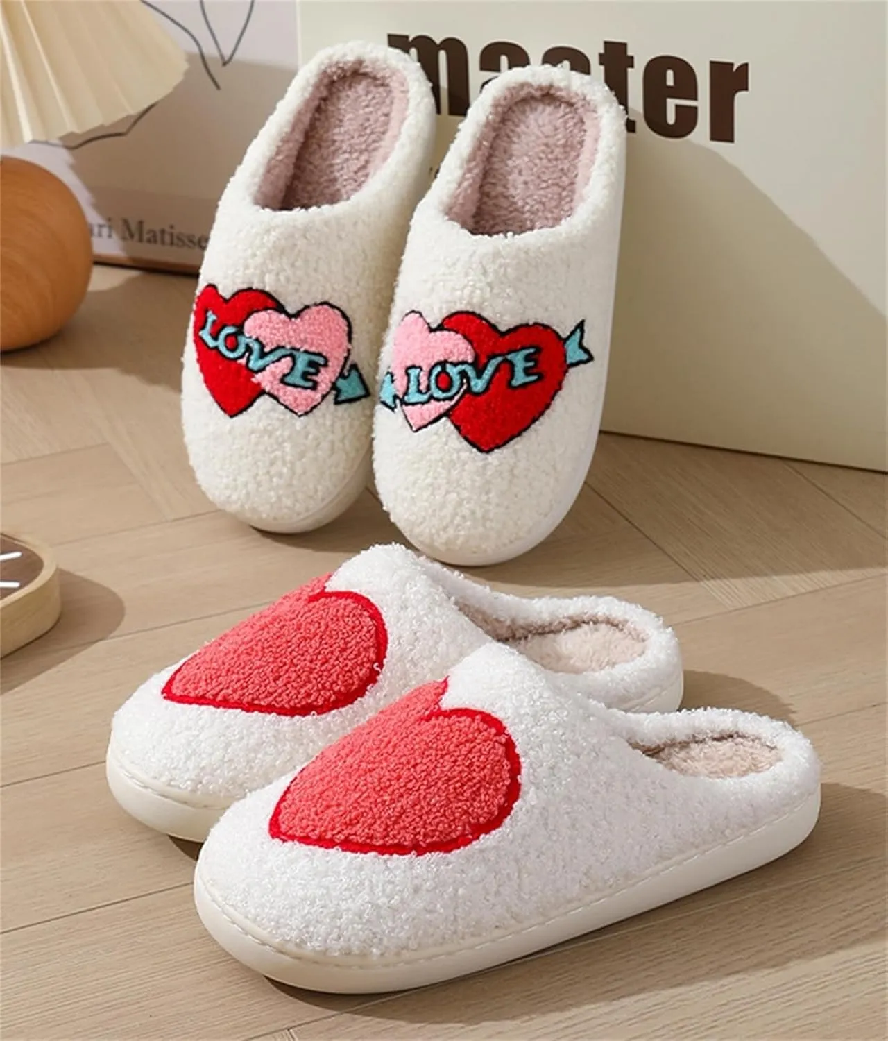 Slippers Women Fuzzy Valentines House Rose Heart Bedroom Platform Fleece Slipper Indoor Couple Warm Cozy Winter Home Non Slip Wool Lined Shoes
