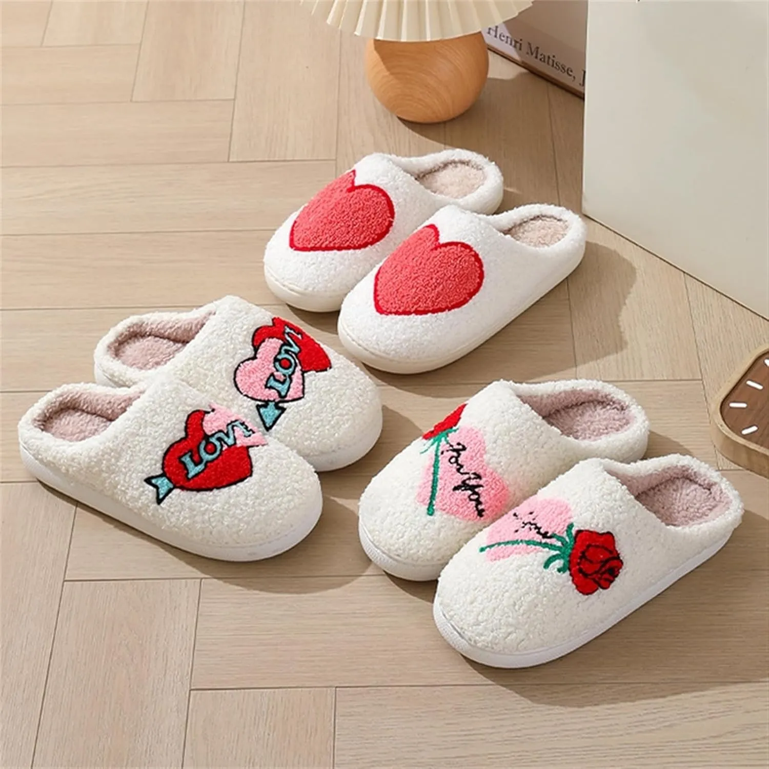 Slippers Women Fuzzy Valentines House Rose Heart Bedroom Platform Fleece Slipper Indoor Couple Warm Cozy Winter Home Non Slip Wool Lined Shoes