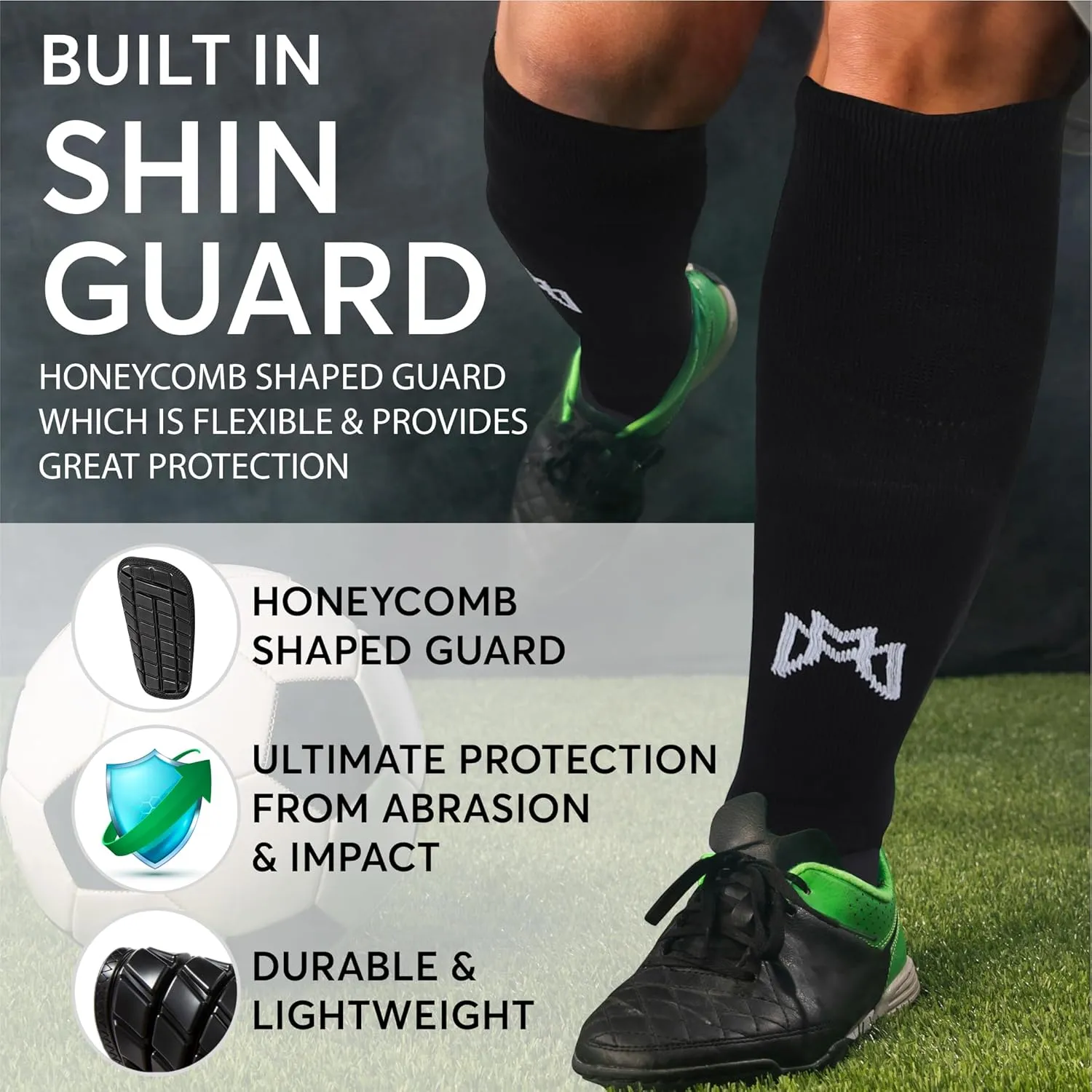 Soccer Grip Socks with Built in Shin Guards, Metatarsal Pad for Foot Protection - For Players with Shoe Size 6 