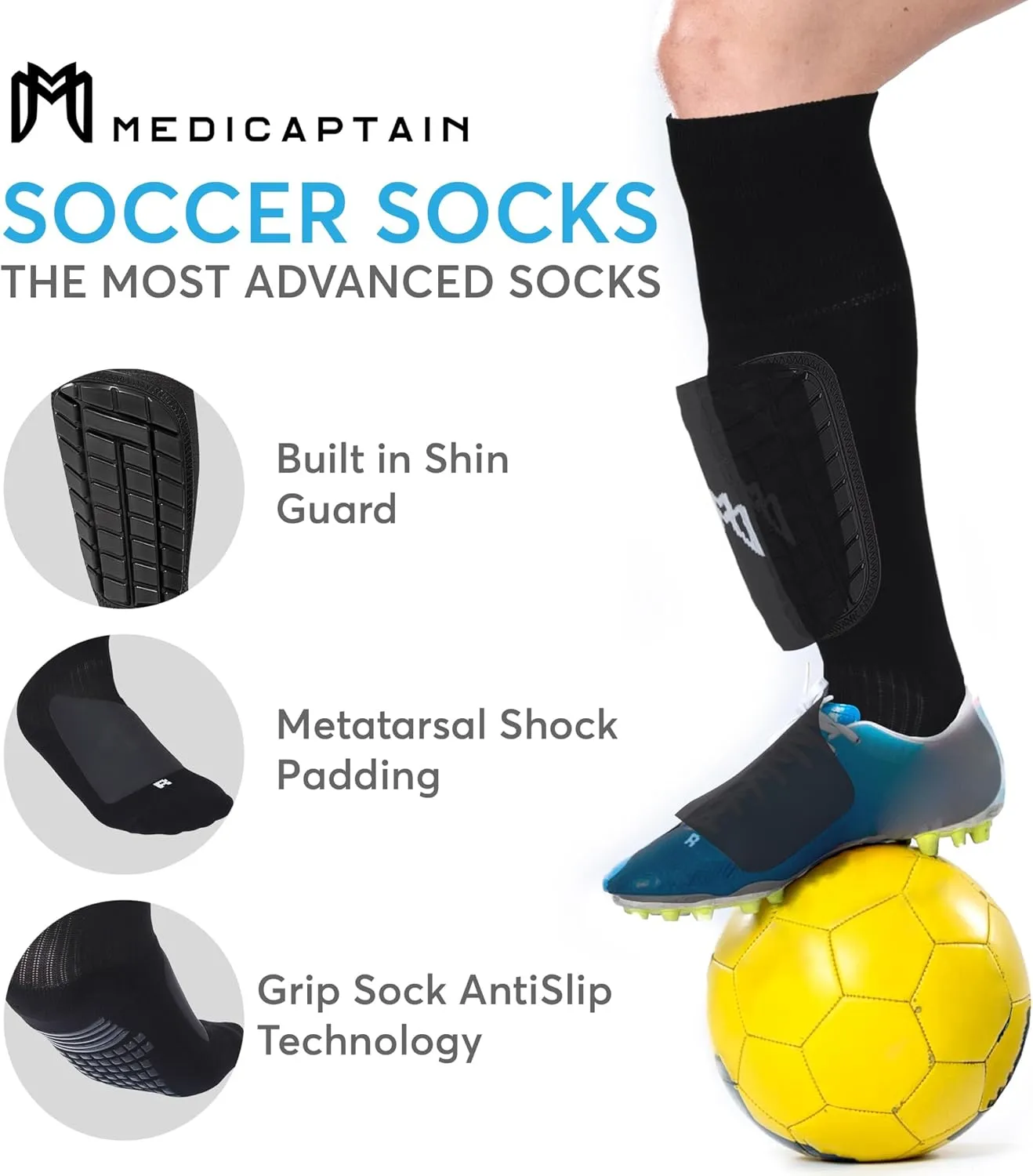 Soccer Grip Socks with Built in Shin Guards, Metatarsal Pad for Foot Protection - For Players with Shoe Size 6 