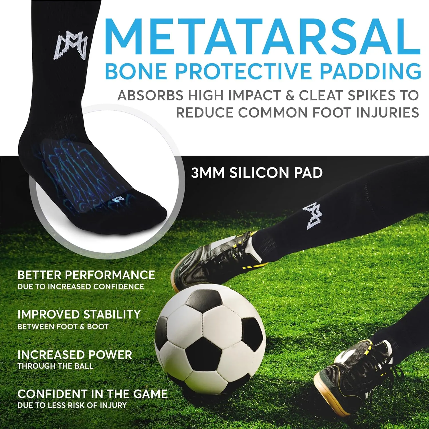 Soccer Grip Socks with Built in Shin Guards, Metatarsal Pad for Foot Protection - For Players with Shoe Size 6 