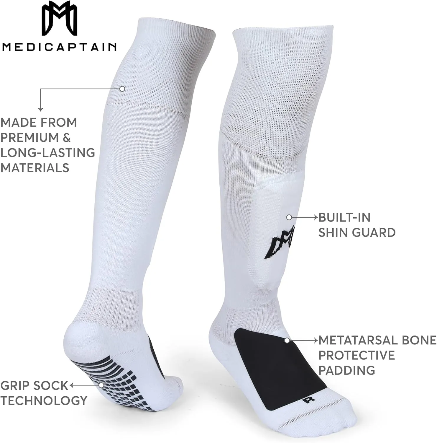 Soccer Grip Socks with Built in Shin Guards, Metatarsal Pad for Foot Protection - For Players with Shoe Size 6 