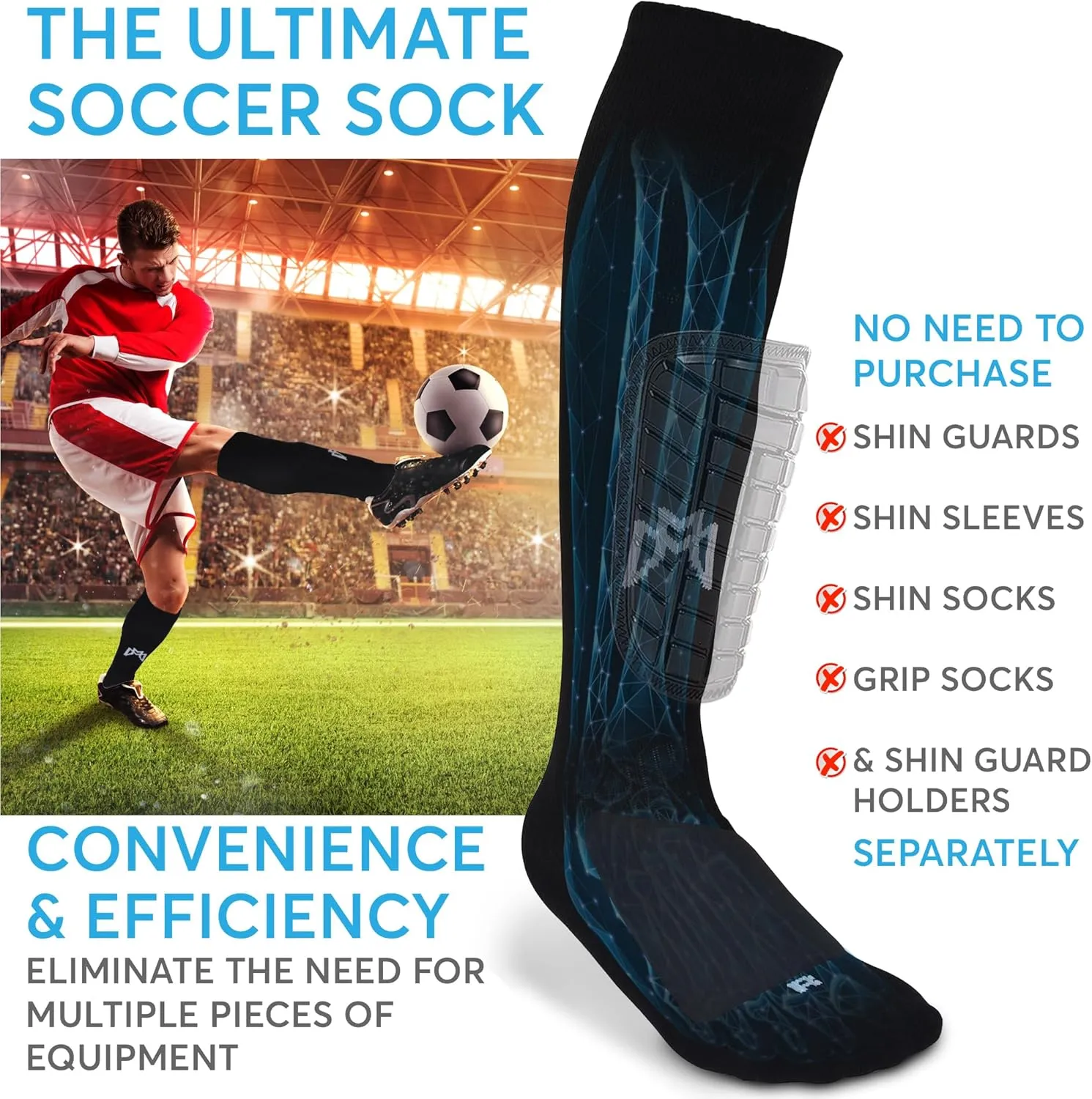 Soccer Grip Socks with Built in Shin Guards, Metatarsal Pad for Foot Protection - For Players with Shoe Size 6 