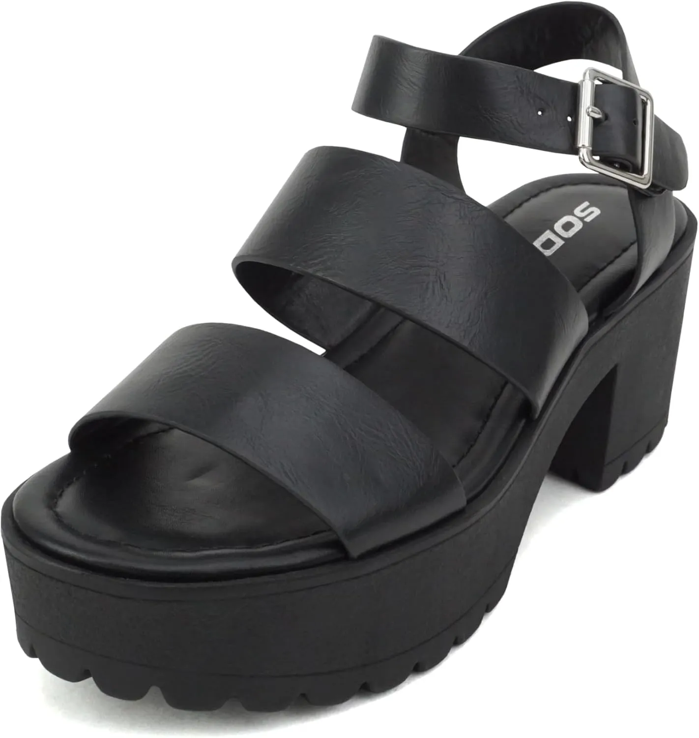 Soda ACCOUNT ~ Women Open Toe Two Bands Lug sole Fashion Block Heel Sandals with Adjustable Ankle Strap